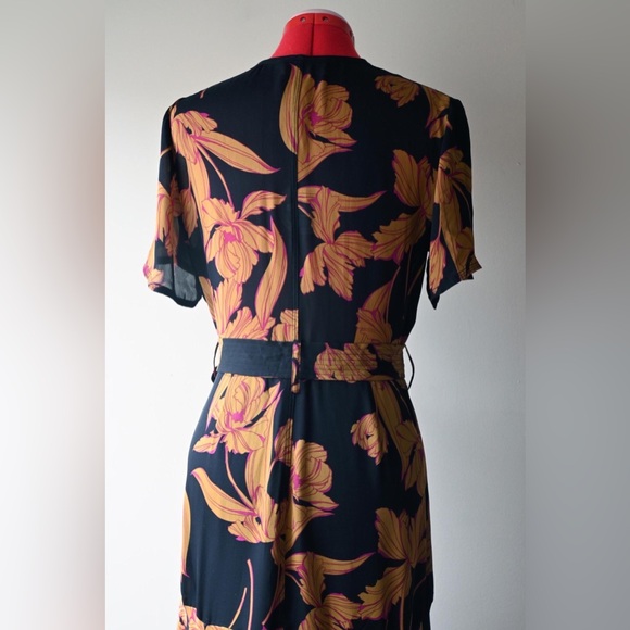 [SOLD] A.L.C Avi Dress Black Ochre Iris Print 100% Silk 1930's Revival Wrap - Picture 11 of 16